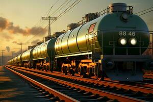 carga tren tanques completado, vagones cargado, soportes unido en ferrocarril pistas ai generado foto