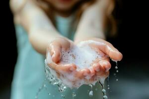 Kids hands lathered with soft, fragrant soapy foam, a picture of cleanliness AI Generated photo