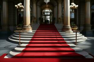 Red carpet charm The entrance to a deluxe hotel exudes sophistication AI Generated photo