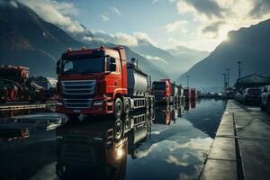 Trucks lined up in the serene harbor, awaiting their cargo  AI Generated photo