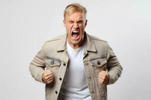 annoyed man gestures angrily, expresses negative emotions with mouth widely opened. Angry expression photo