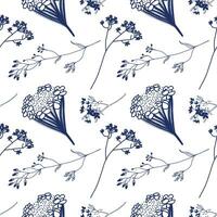 Seamless pattern. Field flowers and plants in dark blue, hand-drawn on a tablet on a white background. Suitable for printing on paper, fabric, invitations and postcards. For creativity. vector