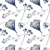 Seamless pattern. Field flowers and plants in dark blue, hand-drawn on a tablet on a white background. Suitable for printing on paper, fabric, invitations and postcards. For creativity. vector