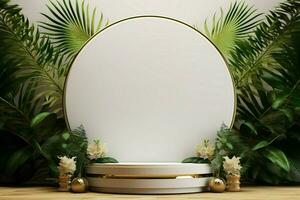 Luxe presentation 3D mockup of white gold podium adorned with palm leaves AI Generated photo