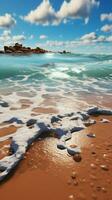 Serene blue ocean waves lap against golden sandy shores. Vertical Mobile Wallpaper AI Generated photo