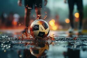 Intense moment, footballers close-up, precision kick at free-kick point, soccer ball poised AI Generated photo