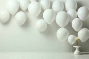Balloon inspired backdrop enhances perspective white table ideal for design layouts and product display AI Generated photo