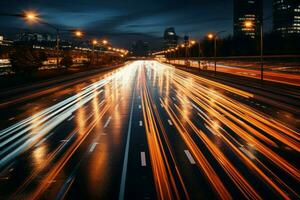 alto velocidad Mañana tráfico crea un fascinante movimiento difuminar en un genérico autopista ai generado foto