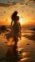 Seaside serenity, woman in white dress walks on golden sunrise beach Vertical Mobile Wallpaper AI Generated photo