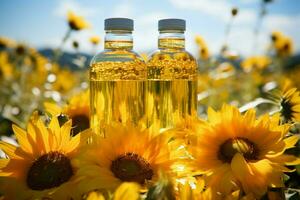 Nature's beauty captured with a sunflower oil bottle in a sunflower field AI Generated photo