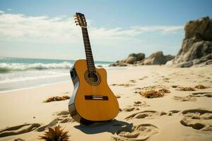 On the sandy shores, an upright acoustic guitar awaits a beachside performance. AI Generated photo