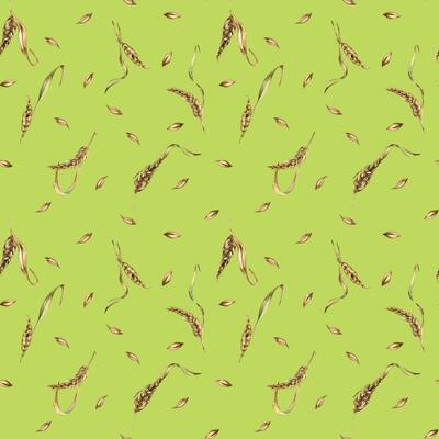 Wheat ear, barley watercolor seamless pattern on green background. Spikelet of rye, malt stalk hand drawn. Design element for textile, wrapping, packaging, label grocery, bakery, paper