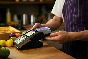 Cafeteria convenience Close-up view depicts man processing payment using contactless technology. AI Generated photo