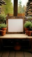 Rustic table with blank wood sign and potted plant farmhouse charm Vertical Mobile Wallpaper AI Generated photo