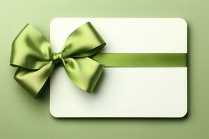 Solitary white backdrop showcases gift card, featuring delicate green ribbon bow. AI Generated photo