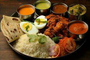 Wholesome spread Chicken thali includes fried chicken, egg curry, lentils, biryani, roti, and onions AI Generated photo