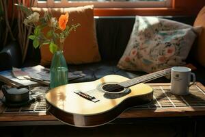 el habitación es en silencio, con solamente un ocioso acústico guitarra para compañía. ai generado foto