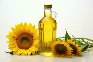 Isolated on white a radiant sunflower oil bottle beside a vibrant sunflower AI Generated photo