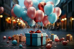 Dynamic ensemble flying balloons and gift box create an artistic, captivating composition AI Generated photo