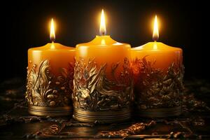 Three bright candles casting light in a dark, isolated setting AI Generated photo