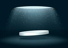 A white round podium illuminated from a hole in the ceiling against the backdrop of falling snowflakes. vector