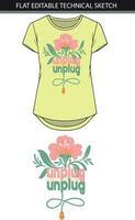 T-shirt print design with unplugged lettering and hibiscus graphic. vector