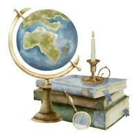 Globe and Books. Watercolor illustration of a stack of geography notebooks and textbooks with a vintage candle. Hand drawn on isolated background. Drawing of knowledge and education objects vector