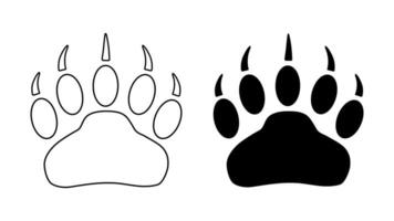Bear or panda paw footprint with claws. Silhouette, contour. Icon. Vector isolated on white. Black and white. Grizzly wild animal paw print icon and symbol. Print, textile, postcard, pet store