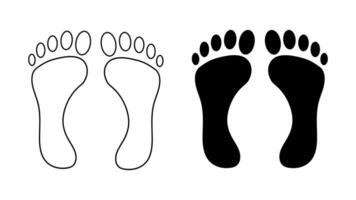 Human footprints. Bare feet. A pair of human feet, left and right. Silhouette, outline. Black and white vector isolated on white background. Icon, symbol, pictogram. For print, design element.