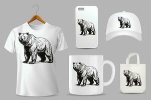 Hand Drawn Solid Color Grizzly Bear Illustration On Different Product Templates vector