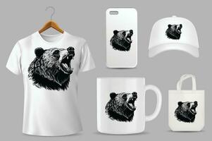 Hand Drawn Solid Color Grizzly Bear Illustration On Different Product Templates vector