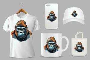 Hand Drawn Solid Color Gorilla Illustration On Different Product Templates vector