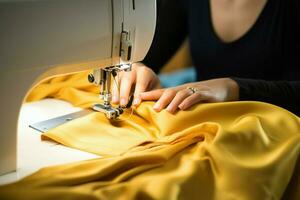 precisión de coser proceso capturado como hembra manos trabajo en amarillo tela ai generado foto