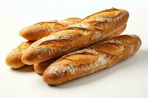 Freshly baked baguettes resting on a pristine white background AI Generated photo