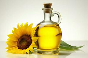 A pristine sunflower oil bottle, isolated against a white backdrop AI Generated photo