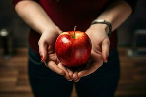 Unrecognized figure checks weight, apple in hand, symbolizing health conscious choices AI Generated photo