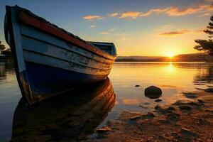 Serene sunset graces river as fishing boat finds tranquility on its waters. AI Generated photo