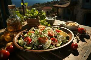 Mouthwatering Mediterranean feast, Greek salad and musaka enjoyed seaside  AI Generated photo