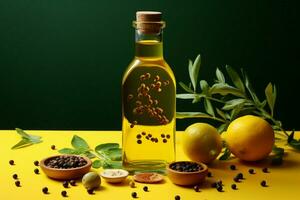 Vibrant yellow backdrop complements a bottle of olive oil with aromatic spices AI Generated photo