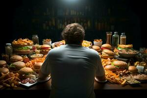 Poor dietary habits Rear view of man eating unhealthy food, promoting awareness AI Generated photo