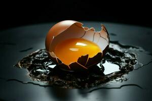 Fractured chicken egg, starkly contrasted on a midnight black plate, nature's imperfection AI Generated photo
