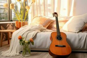 A guitar adorns the modern, inviting interior of the cozy living room. AI Generated photo