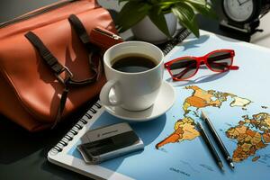 Travel essentials and a coffee cup, embodying the spirit of holiday tourism AI Generated photo