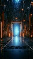 Cyber doorway Neon background with binary code entering an open portal Vertical Mobile Wallpaper AI Generated photo