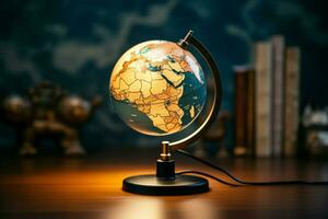 World map provides a backdrop for a small table lamp, copy space AI Generated photo