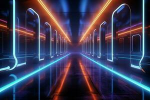Futuristic underground parking corridor evolves into an illuminated, empty stage room AI Generated photo