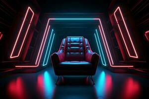 Chairs neon spotlight The rooms darkness is contrasted by vibrant hues AI Generated photo