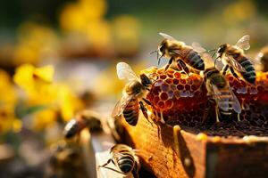 Bustling scene closeup of beehive, worker bees busy gathering nectar with vibrant energy AI Generated photo