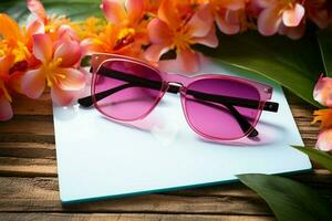 Summer holiday vibes Beach accessories, sunglasses, vibrant flowers, and palm leaves AI Generated photo