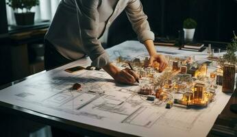 Concentrated on blueprint draft, crafting intricate architectural layouts with precision and care AI Generated photo